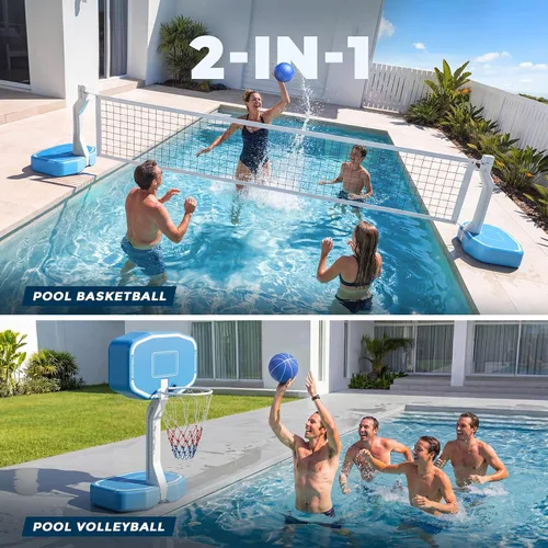 Vista 2 de Pool Volleyball Net&Pool Basketball Hoop 2 in 1,Pool Volleyball Net for Inground pools,Pool Basketball Hoop Poolside with Base&Stand，Includes 3