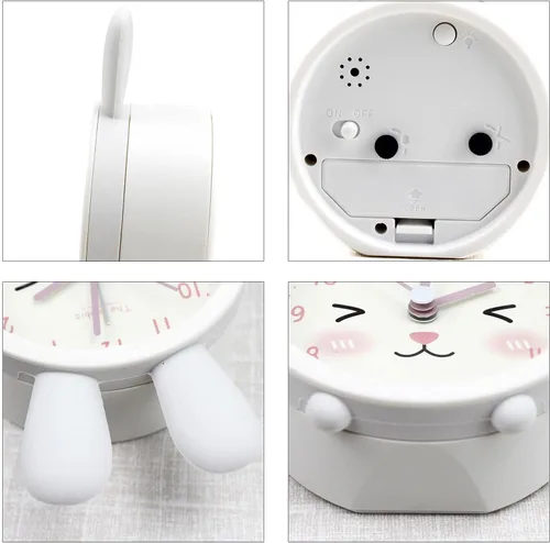 Vista 6 de Reloj despertador de silicona silencioso sin tictac para niños, con diseño de animal, para viajes, con luz nocturna (A- conejo blanco)