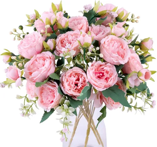 Vista 28 de 2 racimos de flores artificiales de peonía beige, ramo de peonías de seda para bodas, fiestas, centros de mesa, arreglos florales, decoración