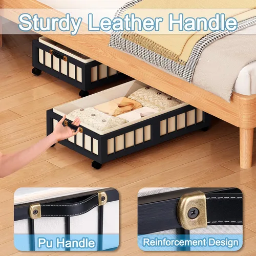 Vista 6 de efluky Paquete de 2 contenedores de almacenamiento de bambú debajo de la cama con ruedas, cesta de almacenamiento de ropa debajo de la cama