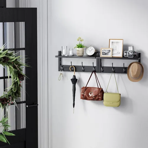 Vista 2 de STELLSTAR Perchero con estante, paquete de 2 perchas de bambú para montar en la pared con 8 ganchos para entrada, pasillo, cocina, baño, sala