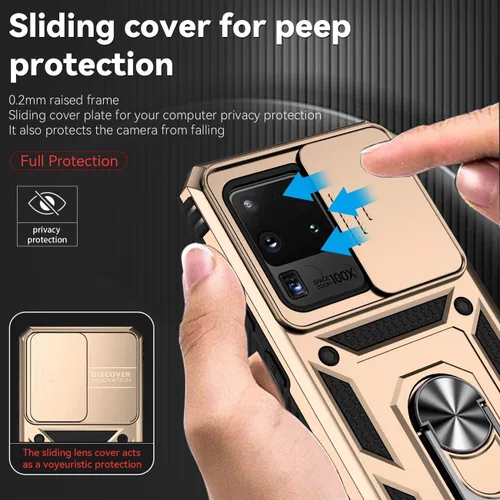 Vista 2 de Funda para Galaxy S20 Ultra/Samsung S20 Ultra SM-G988U con protector de pantalla de vidrio templado y cubierta para cámara deslizante, anillo Oro