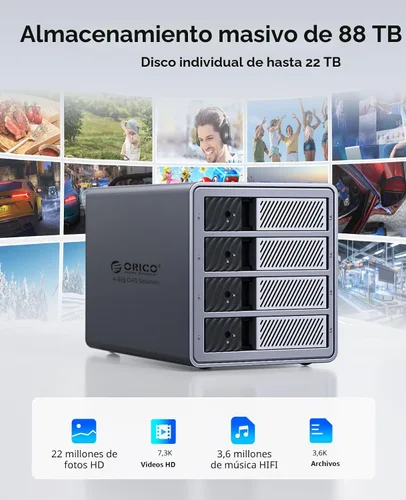 Vista 3 de ORICO Carcasa para disco duro de 4 bahías, compatible con 8 modos RAID para HDD de 3.5 pulgadas máx. hasta 88 TB para almacenamiento externo