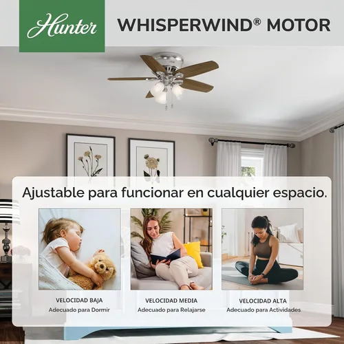 Vista 5 de Hunter Constructor, para interiores, ventilador de techo, cadena de tracción, 42 pulgadas, níquel cepillado con luces LED, montaje empotrado