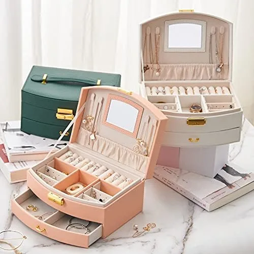Vista 6 de U-D Cajas organizadoras de joyas para mujer, 2 capas, con bandeja desmontable y cajón (rosa)