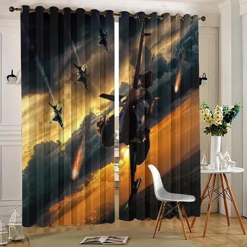 Vista 5 de Cortinas opacas con diseño de avión para dormitorio, hermoso estampado de combatientes de puesta de sol, con ojales, aislamiento térmico, cortinas