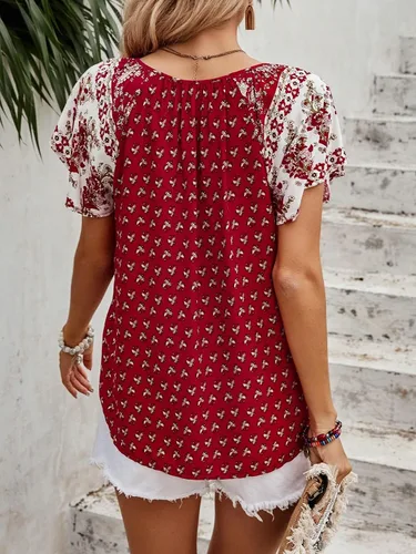 Vista 2 de SOLY HUX Women's Boho Floral Print Tie Neck Butterfly Sleeve Summer Blouse Top