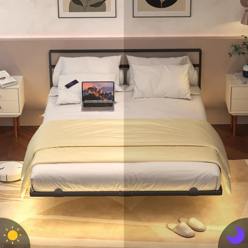 Vista 7 de Marco de cama flotante completo con cabecero, marco de cama de plataforma moderna con luces LED y estación de carga USB, marco de cama de metal