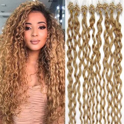 Vista 11 de Micro Link - Extensiones de cabello rizado con micro anillo, punta de bucle, cabello humano Remy real, color marrón oscuro, 20 pulgadas, 100 s #02