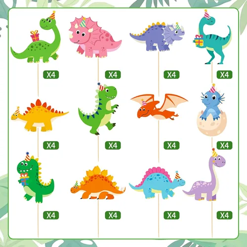 Vista 3 de 48 piezas de decoración de cupcakes de dinosaurio de dibujos animados para cupcakes con temática de dinosaurios para cumpleaños, baby shower