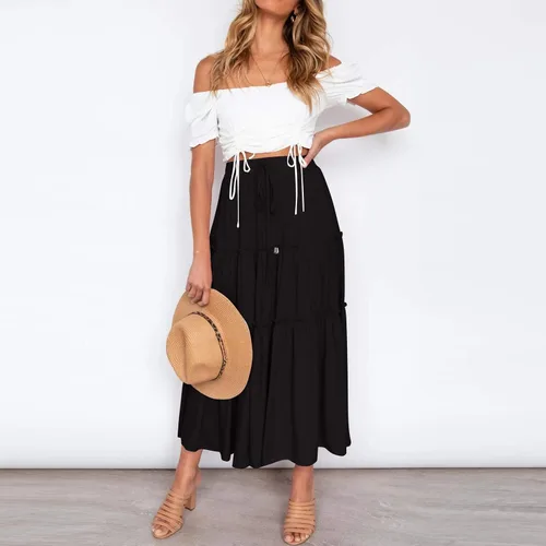 Vista 9 de Falda larga de cintura alta elástica para mujer, estilo bohemio, con volantes, acampanado, falda larga floral