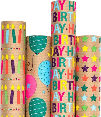 Vista 10 de RUSPEPA Rollos de papel kraft para envolver regalos - Diseño de arcoíris de cumpleaños colorido, total de 4 rollos (30 pulgadas x 10 pies, 4 rollos)