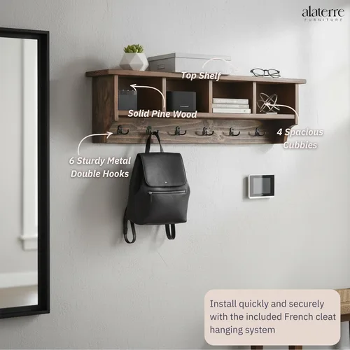 Vista 5 de Alaterre Furniture Perchero Industrial Pomona de 48 Pulgadas Montado en Pared con 6 Ganchos Resistentes y 4 Compartimentos Abiertos, Organizador