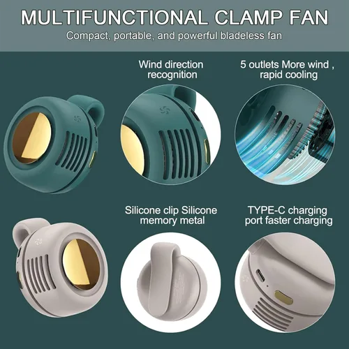 Vista 5 de Portable Clip on Fan, Mini Bladeless Fans for Shirts and Waist, 3-Speed Silent and Adjustable Wind Direction Rechargeable Cooling Fans, Versatile
