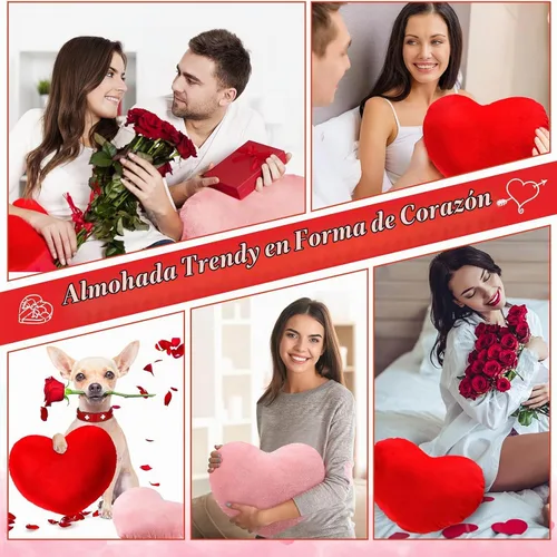 Vista 4 de Queekay - 4 cojines de peluche con forma de corazón de San Valentín, color rojo, rosa