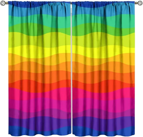 Vista 10 de Cortinas opacas abstractas de arco iris, pintura de color arcoíris con gotas, diseño gráfico creativo con bolsillo para barra, para sala de estar