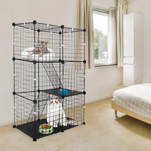 Vista 5 de Jaula de 3 niveles para gatos, casa de metal para interiores, casa desmontable para gatitos con 3 puertas, 2 escaleras, lugar de ejercicio