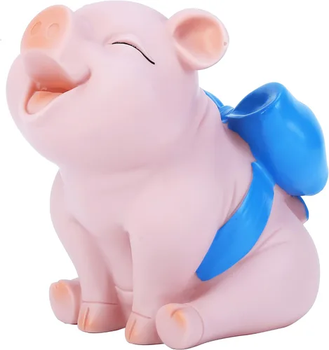 Vista 2 de H&W Lovely Pig - Alcancía con nudo de lazo azul, banco de monedas, creativo e inastillable, puede almacenar 1000 monedas