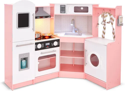 Vista 12 de Lil' Jumbl Juego de cocina de esquina para niños, cocina de lujo de madera de simulación, máquina de hielo a pilas, estufa y grifo con sonido Negro