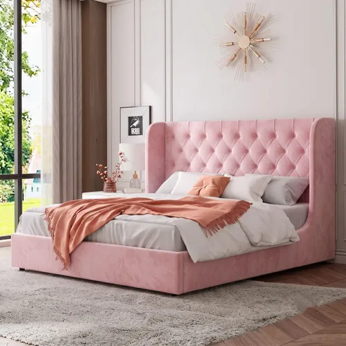 Vista 16 de HOMBCK - Marco de cama tamaño completo, base de cama tapizada en plataforma gris con cabecero, terciopelo acolchado, diseño de ala curvada, listones