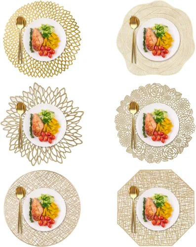 Vista 6 de 10 manteles individuales redondos de vinilo prensado dorado, manteles individuales metálicos, antideslizantes, para bodas, cenas, fiestas, Flor