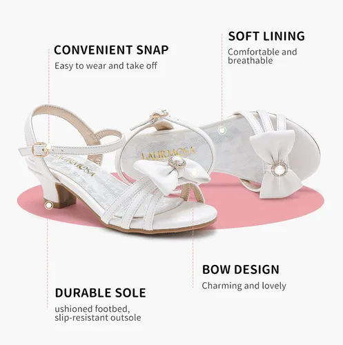 Vista 3 de LAURMOSA Sandalias para niñas, zapatos de vestir para bodas, fiestas, puntera abierta, tacones altos con purpurina para niños pequeños y grandes, B