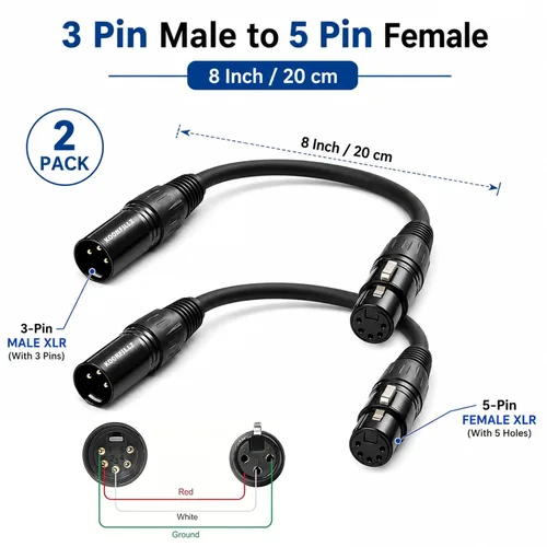 Vista 5 de Cable de iluminación DMX de 3 pines a 5 pines, cable adaptador XLR/DMX de 8 pulgadas, cables de micrófono XLR macho de 3 pines a 5 pines hembra