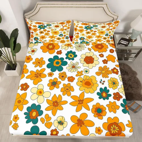 Vista 23 de Juego de sábanas ajustadas estilo 70s hippie retro para cama individual, juego vintage de otoño con hojas florales para niños y niños, juego de ropa