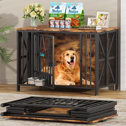 Vista 11 de EasyCom Muebles plegables para perros, jaulas de 31.5 pulgadas para perros pequeños/medianos, perrera de madera para interiores con etiqueta
