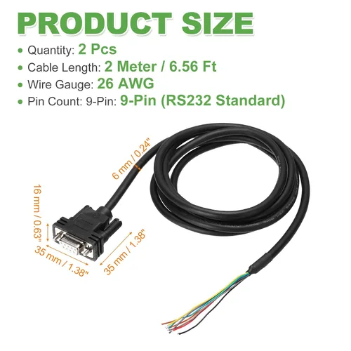 Vista 2 de PATIKIL 2 unidades de 6.6 pies 26AWG DB9 conector hembra a extremo de cable desnudo RS232 cable de extensión serie de 9 pines, conector hembra