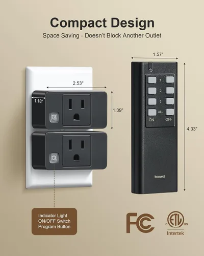Vista 5 de Remote Control Outlet with All On/Off Switch, 200FT Range, Black 200FT Wireless Range, Mini Plug, 15A/1875W, Remote Switch for