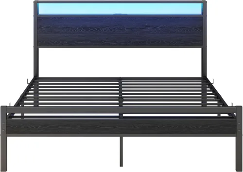 Vista 8 de BOFENG Base de cama Queen con cabecera de almacenamiento, marco de cama de plataforma de metal tamaño Queen con luces LED, estación de carga,