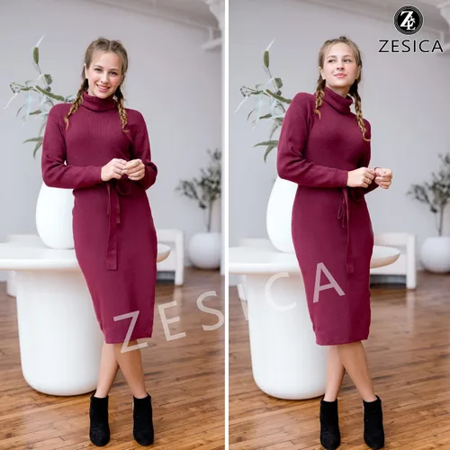 Vista 53 de ZESICA - Vestido por debajo de la rodilla de suéter, de cuello alto, para mujer, de manga larga, de punto acanalado, con abertura y cinturón