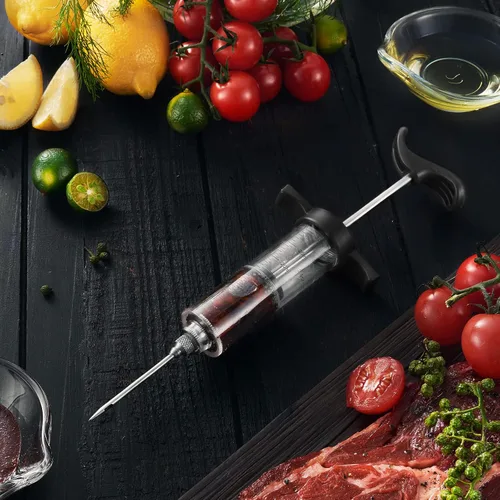 Vista 2 de JY COOKMENT Jeringa para inyector de carne, inyector de sabor marinado de 1 onza con 2 agujas profesionales, 1 cepillo de limpieza (negro)