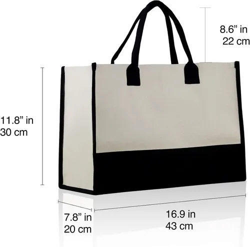 Vista 6 de Personalized Gift Monogram Initial 100% Cotton Two Tone Chic Tote Bag with Customize Option - Black