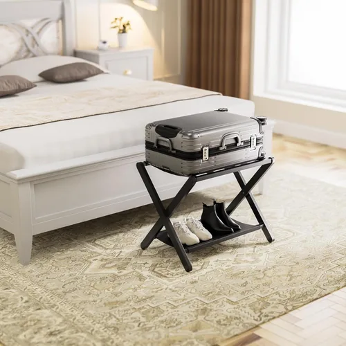 Vista 8 de HITNET Portaequipajes para habitación de invitados, soporte de maleta plegable, soporte de equipaje de hotel de bambú con estante de almacenamiento