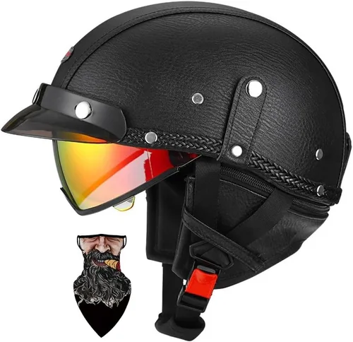 Vista 15 de Casco Moto Retro Jet Vintage DOT Homologado para adultos, hombres y mujeres, forro transpirable desmontable, Visera Retráctil PC y hebilla rápida
