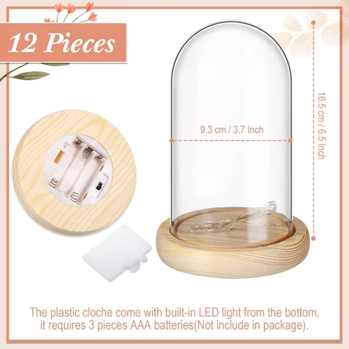 Vista 5 de Roowest 12 piezas de cúpula de plástico Cloche con base de madera rústica y luz LED cúpula de plástico para decoración de mesa de boda rosa centro