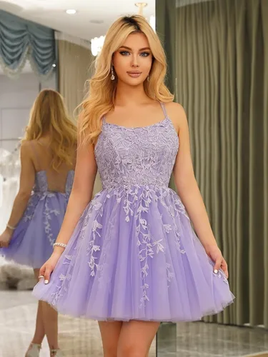 Vista 4 de TIRAS Vestido de tul con apliques de encaje para adolescentes, tirantes delgados, vestido de fiesta de cóctel corto CM218