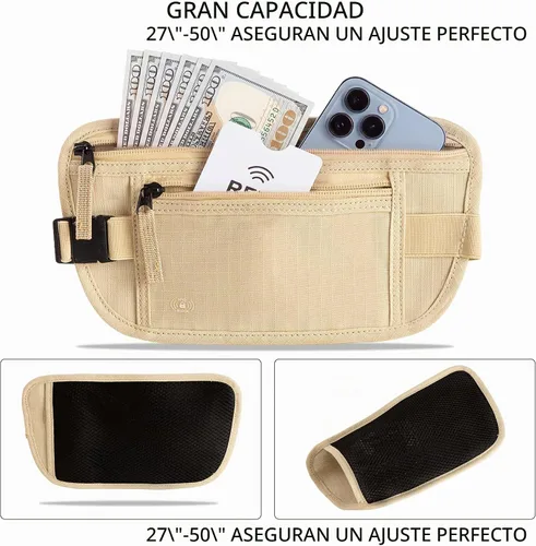Vista 4 de Cinturón de dinero para viajes, bloqueo RFID, cinturón de dinero oculto, soporte para pasaporte para viajes, Beige, A la moda