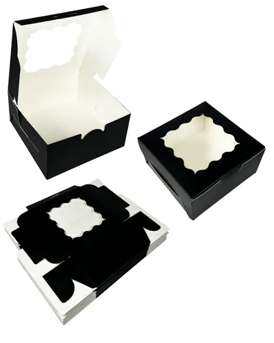 Vista 2 de Bakepacker 60 piezas Cajas para galletas negras de 6 x 6 x 3 pulgadas, fáciles de montar, cajas para macarrones y repostería con ventana para Negro