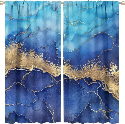 Vista 43 de Cortinas abstractas de mármol de lujo de lujo azul marino dorado a rayas con patrón de mármol estampado para dormitorio, sala de estar, cortinas