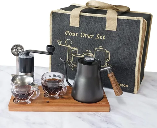 Vista 8 de SOTECH Juego de cafetera con soporte para gotero, filtros de café, molinillo de café de papel, regalo para los amantes del café Negro
