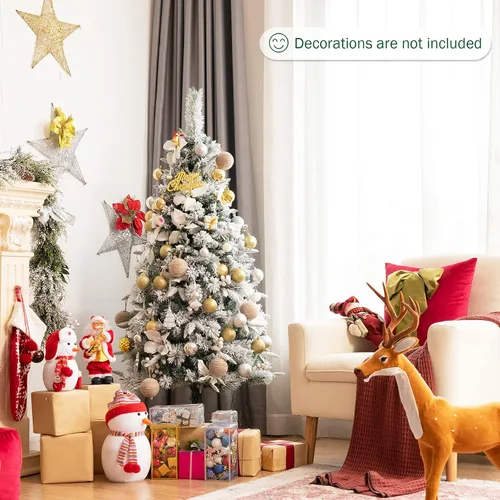 Vista 3 de COSTWAY Árbol de Navidad artificial flocado de nieve de 5 pies, árbol falso de Navidad con 339 puntas de rama, 228 bayas blancas y flores de pascua