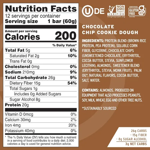 Vista 2 de No Cow Barras de proteínas, masa de galletas con chispas de chocolate, 0.74 oz de proteína vegana a base de plantas, aptas para ceto, bajas