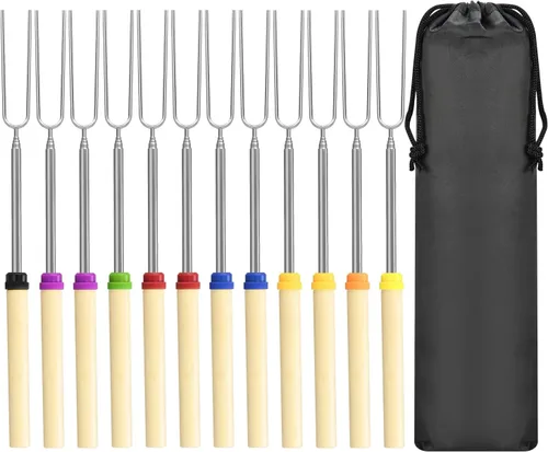 Vista 10 de Juego de 5 palitos para asar malvaviscos, brochetas extensibles de metal de 32 pulgadas de largo con mango de madera, para malvavisco, perros