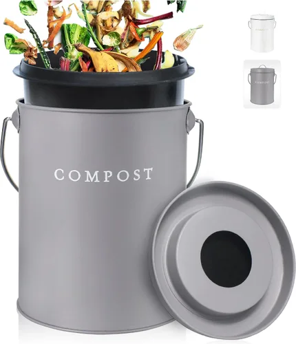 Vista 8 de Cubo de compost de 1.3 galones blanco para interior, sin olor, con tapa, para compostaje de residuos de alimentos, contenedor de cocina, contenedor
