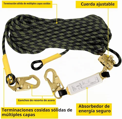 Vista 2 de TRSMIMA Arnés de Cuerda con Cordón de Seguridad: Cuerda Vertical para Techos de 25 pies con Ganchos de Agarre Rápido Amortiguador de Impactos - Kit