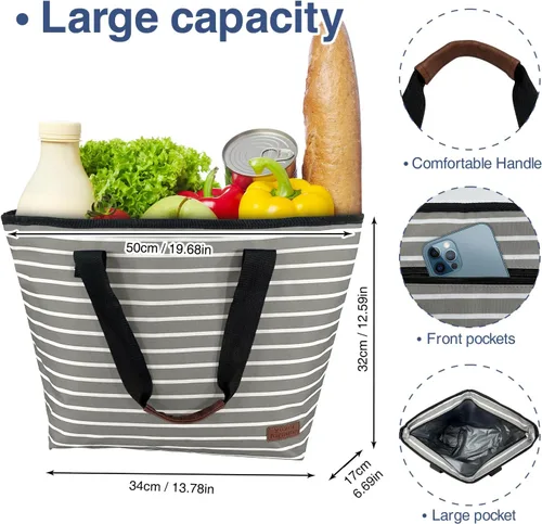Vista 2 de Bolsa térmica grande aislada azul de 30 latas de 18 L, a prueba de fugas, suave bolsa de asas aislada, bolsa de comestibles reutilizable, lonchera