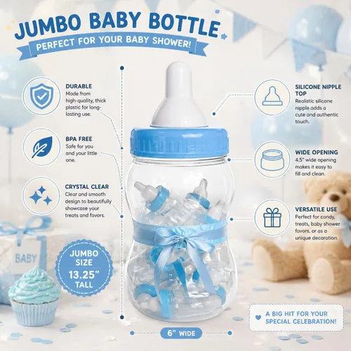 Vista 3 de Evershine Banco de biberones de plástico, banco de ducha de bebé rellenable azul de 13 pulgadas, centro de mesa de botella de plástico Jumbo Baby